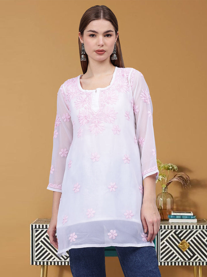 White-&-Pink-Georgette-Embroidery-Chikankari-Tunic-With-Slip