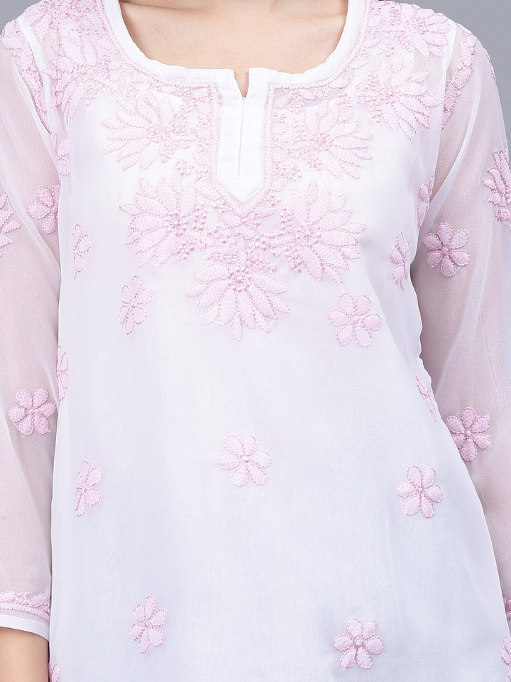 White-&-Pink-Georgette-Embroidery-Chikankari-Tunic-With-Slip