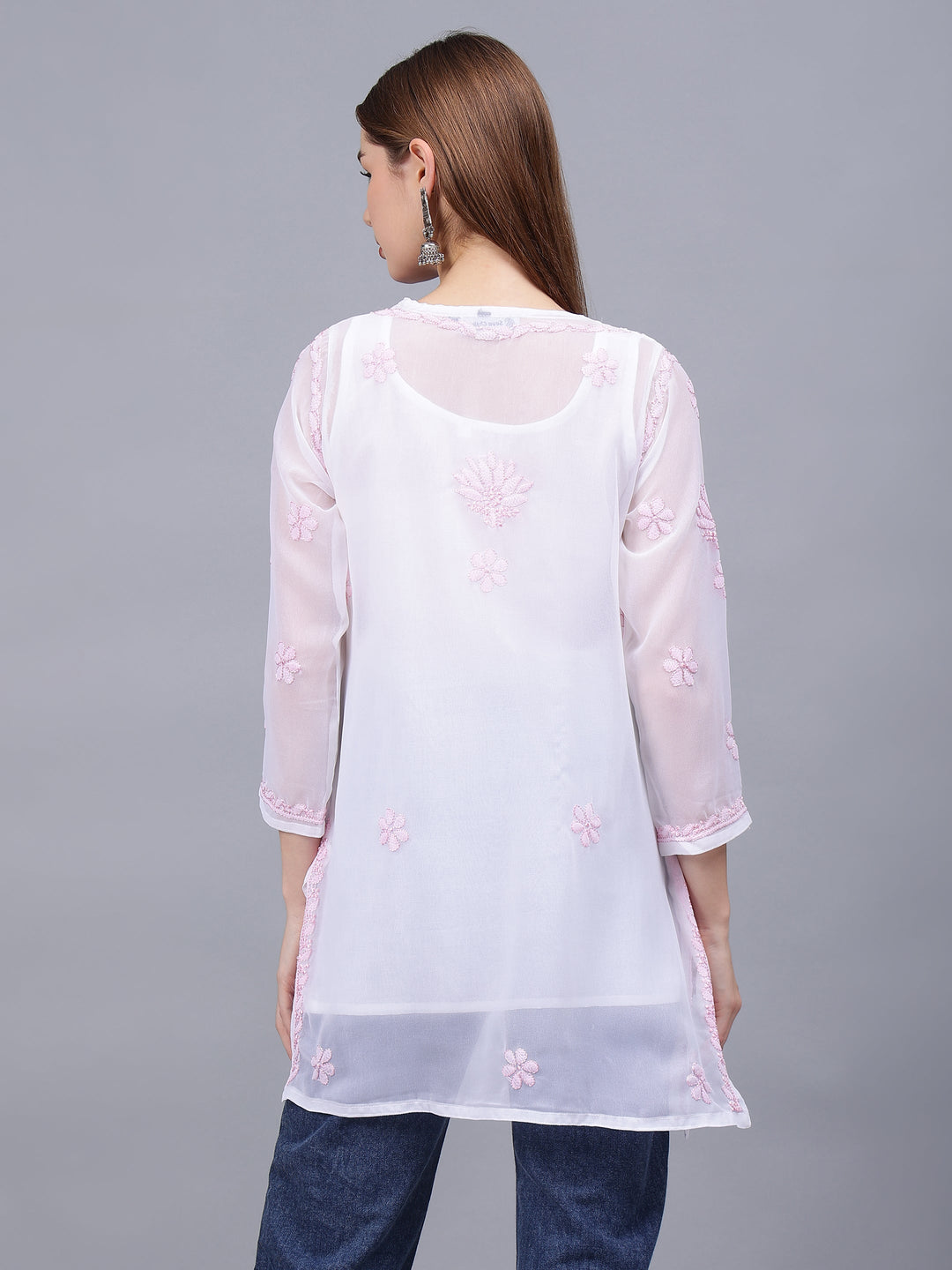 White-&-Pink-Georgette-Embroidery-Chikankari-Tunic-With-Slip