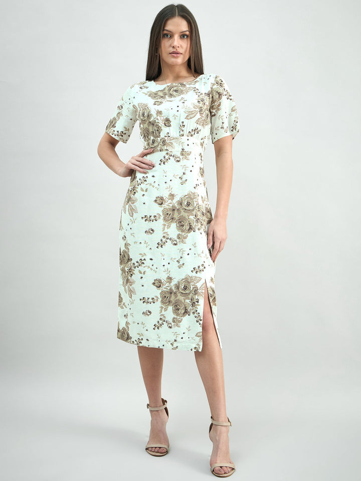 White-&-Beige-Cotton-Floral-Print-Round-Neck-Midi-Dress