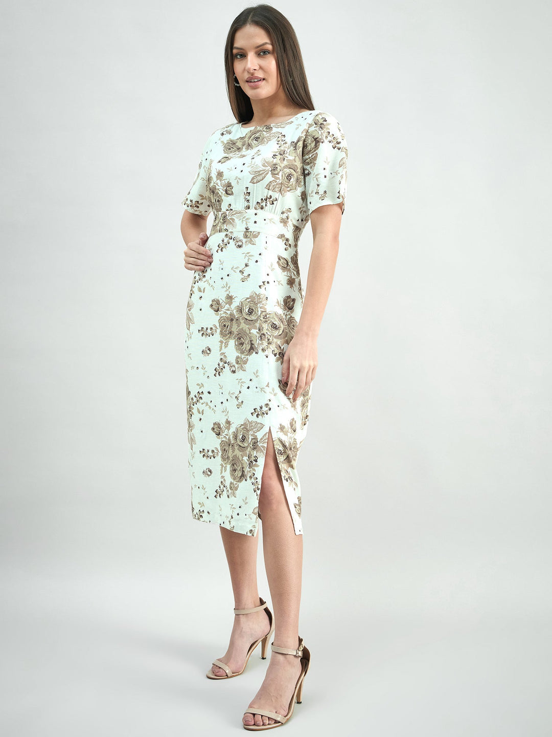 White-&-Beige-Cotton-Floral-Print-Round-Neck-Midi-Dress