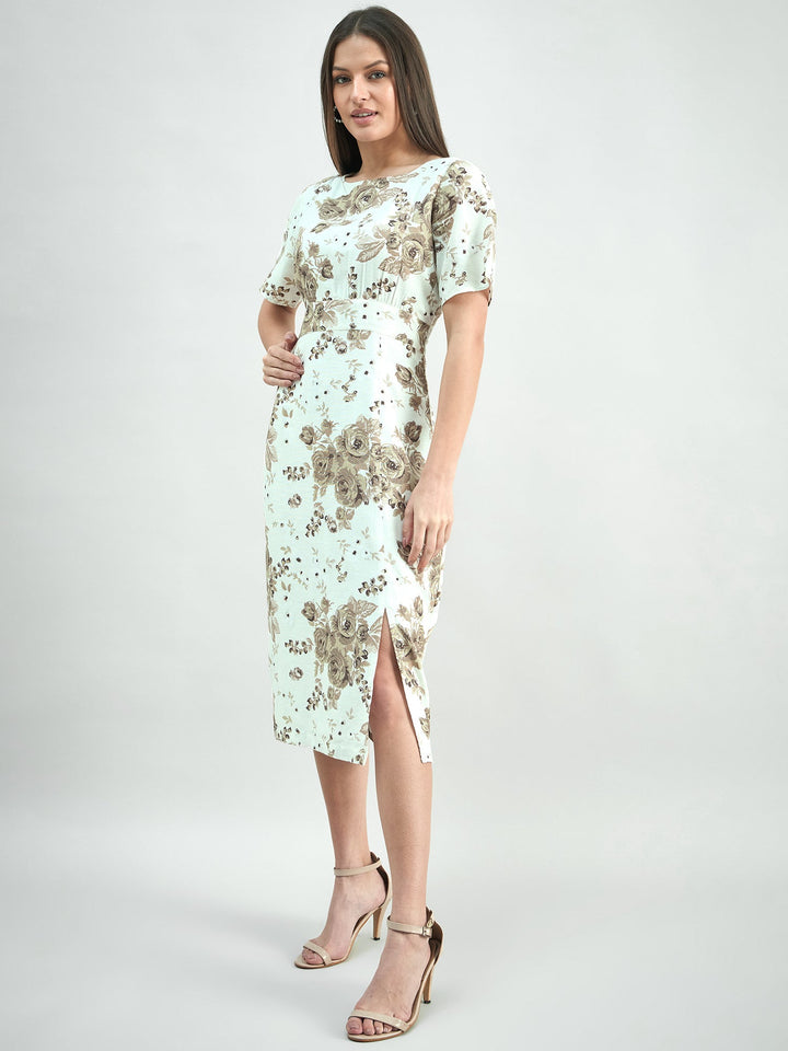 White-&-Beige-Cotton-Floral-Print-Round-Neck-Midi-Dress