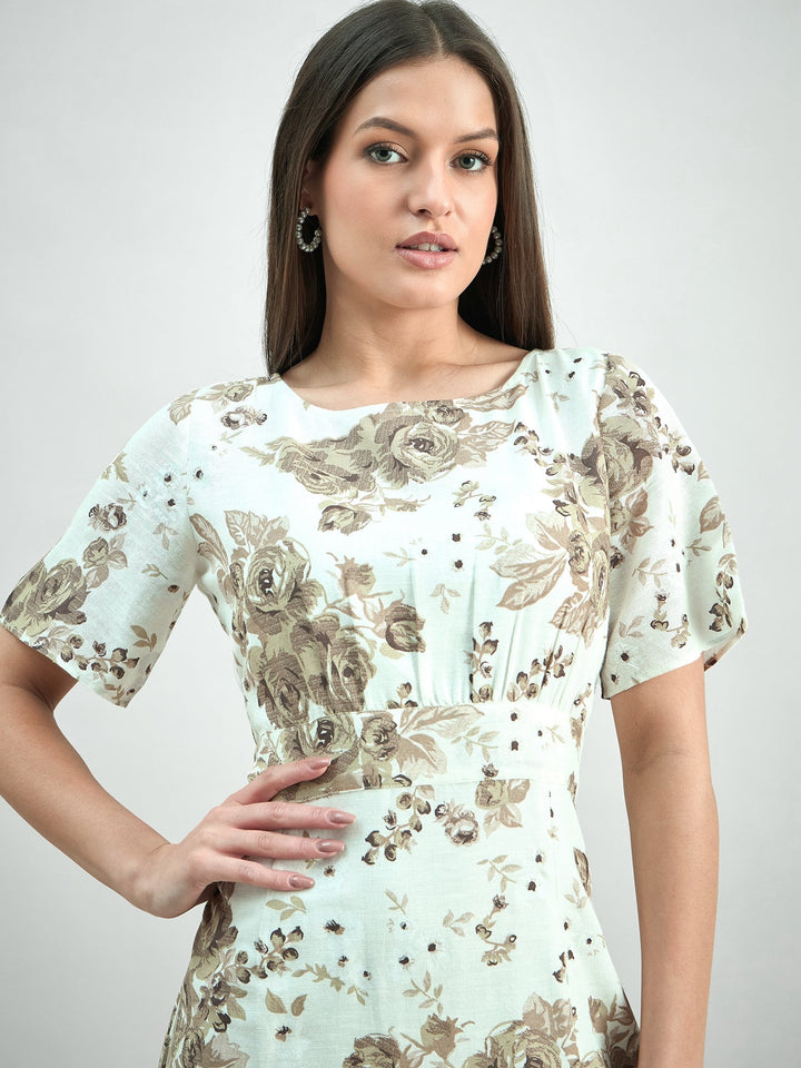 White-&-Beige-Cotton-Floral-Print-Round-Neck-Midi-Dress