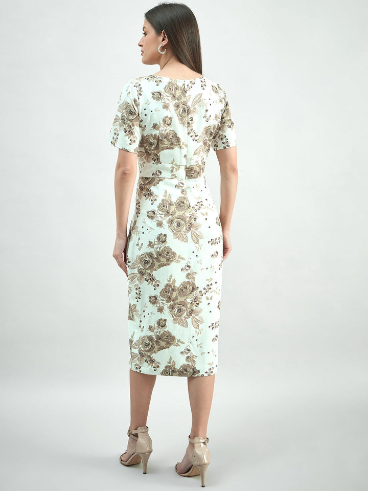 White-&-Beige-Cotton-Floral-Print-Round-Neck-Midi-Dress