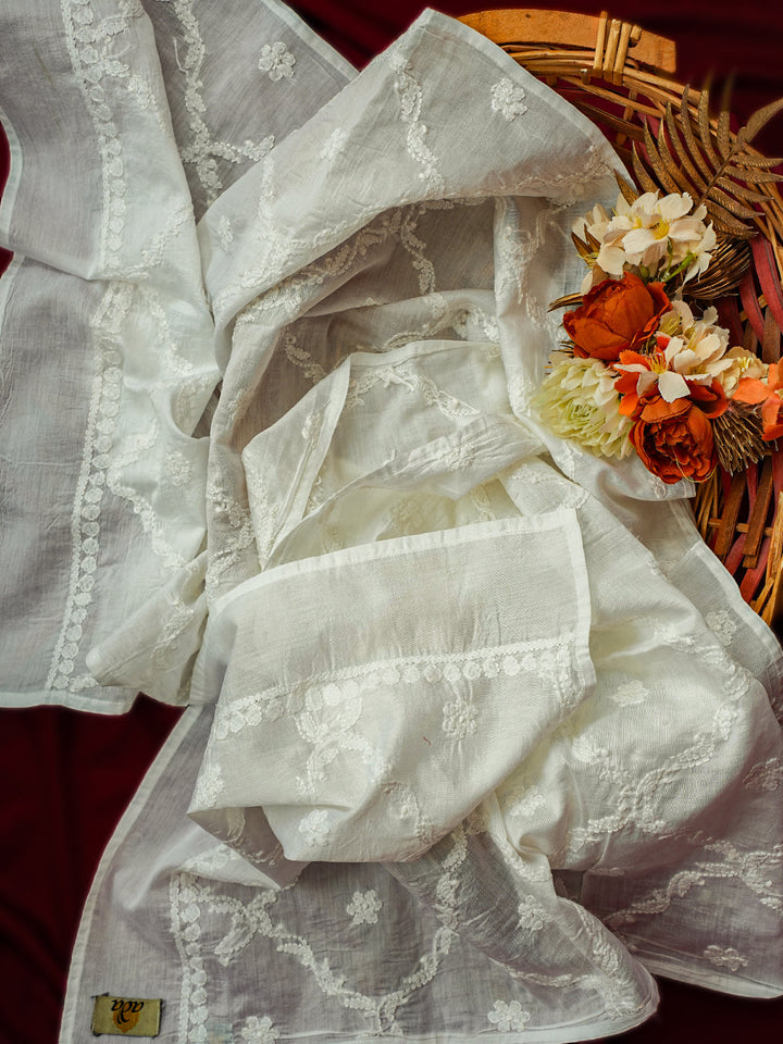 White-Chanderi-Hand-Embroidered-Lucknowi-Stole