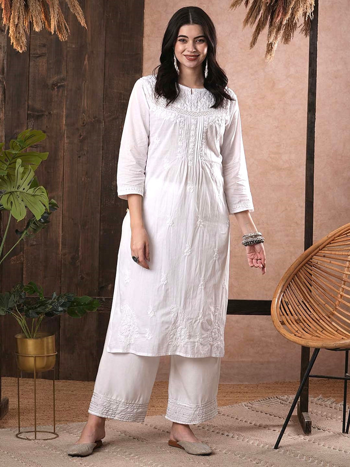 White-Cotton-Embroidered-Lucknowi-Chikankari-Kurta-Only