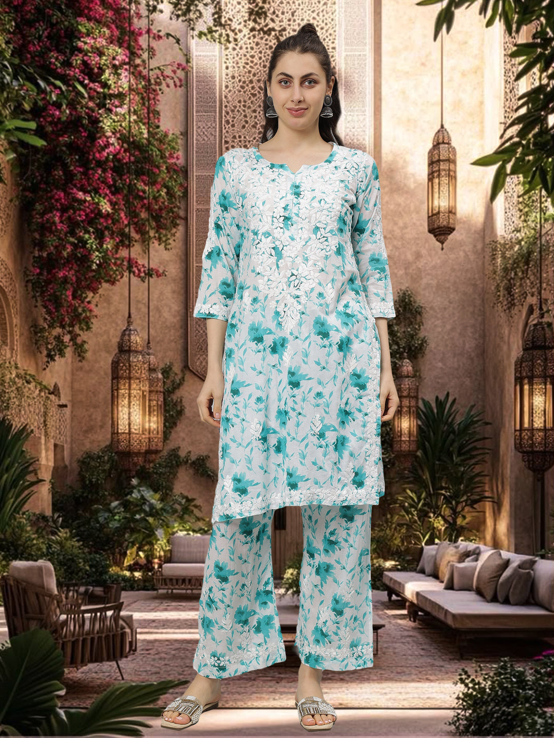 White-Cotton-Lucknowi-Chikankari-Kurta-with-Pant-Set