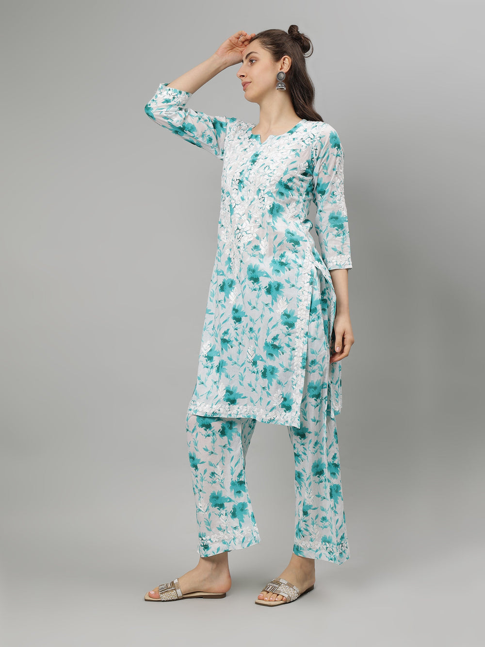 White-Cotton-Lucknowi-Chikankari-Kurta-with-Pant-Set