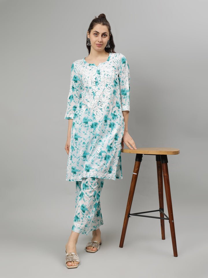 White-Cotton-Lucknowi-Chikankari-Kurta-with-Pant-Set