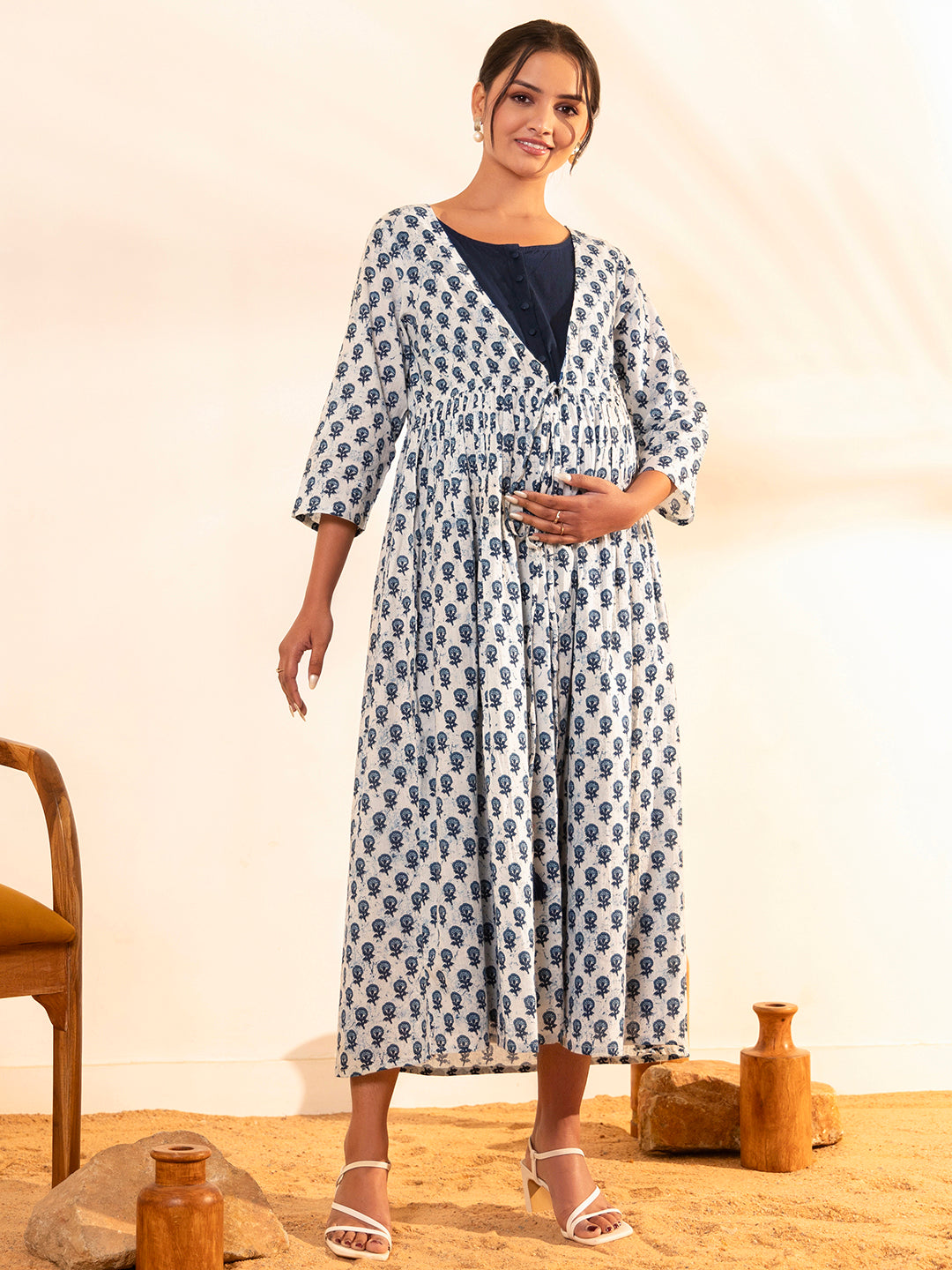 White-Cotton-Floral-Maternity-Maxi-Dress