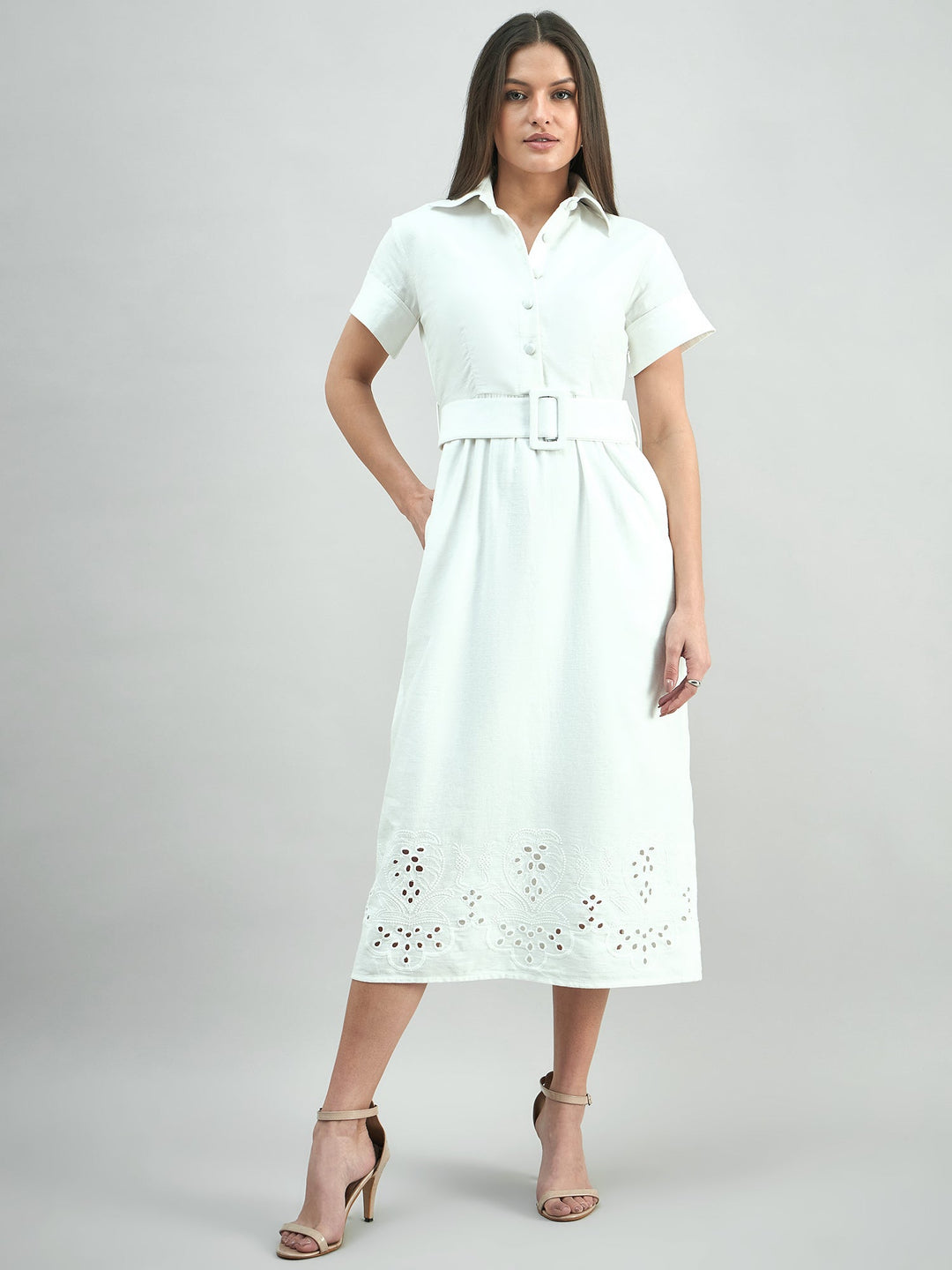 White-Cotton-Schiffli-Shirt-Dress-With-Detachable-Belt