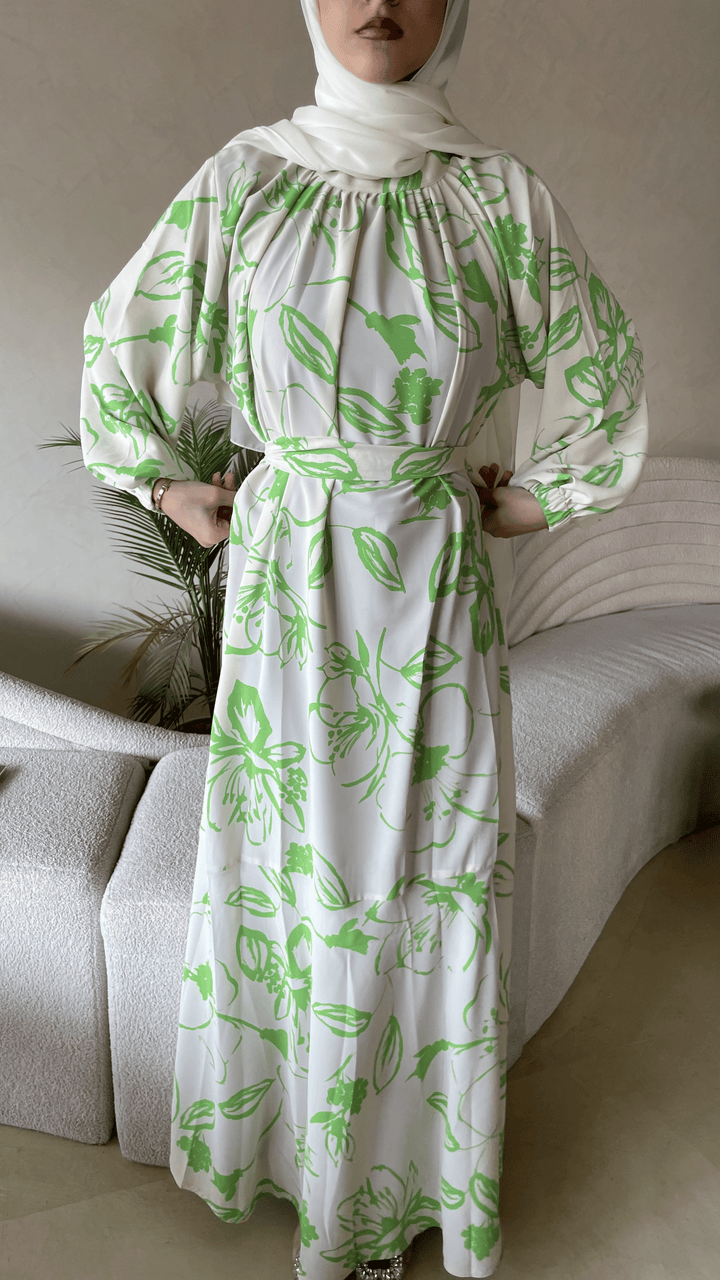 White-&-Green-Georgette-Fusion-Long-Dress-