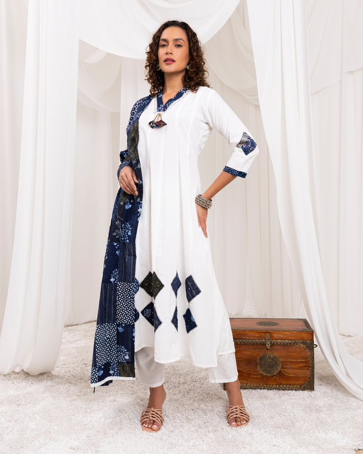 White-&-Indigo-Cotton-Panelled-Flary-3-Piece-Kurta-Set