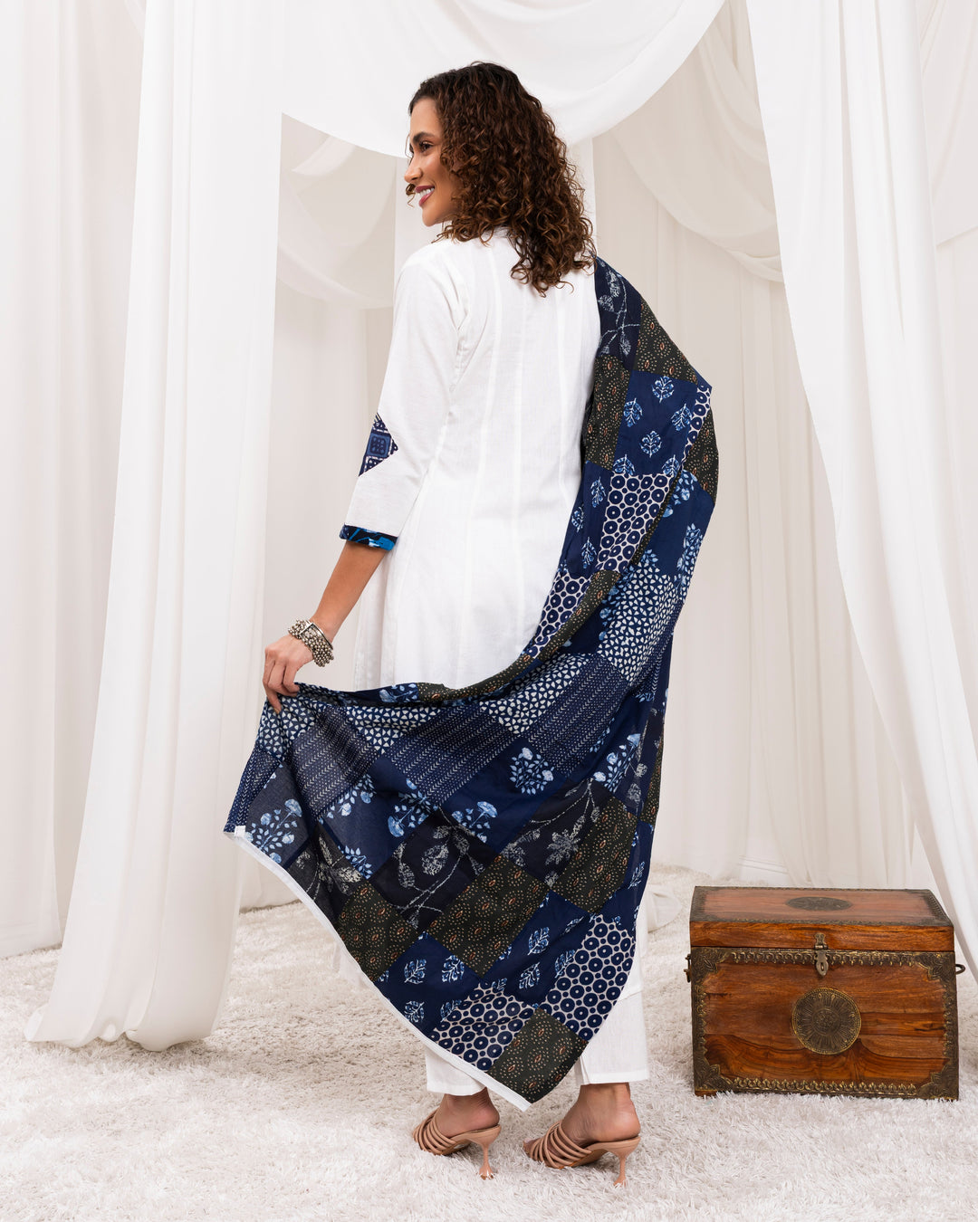 White-&-Indigo-Cotton-Panelled-Flary-3-Piece-Kurta-Set