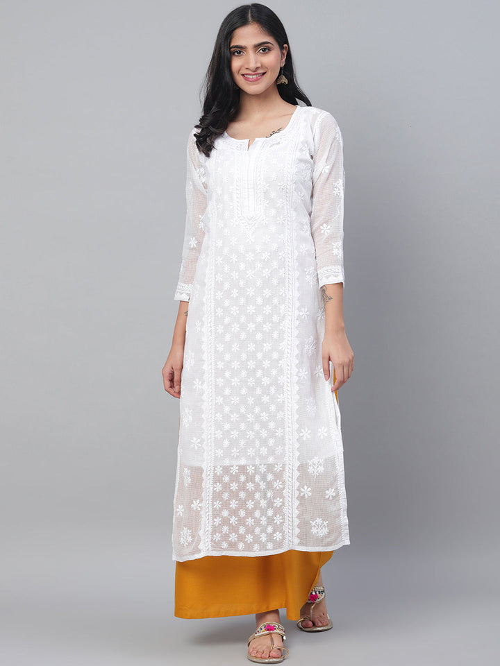 White-Kota-Cotton-Embroidered-Chikankari-Kurta-With-Slip