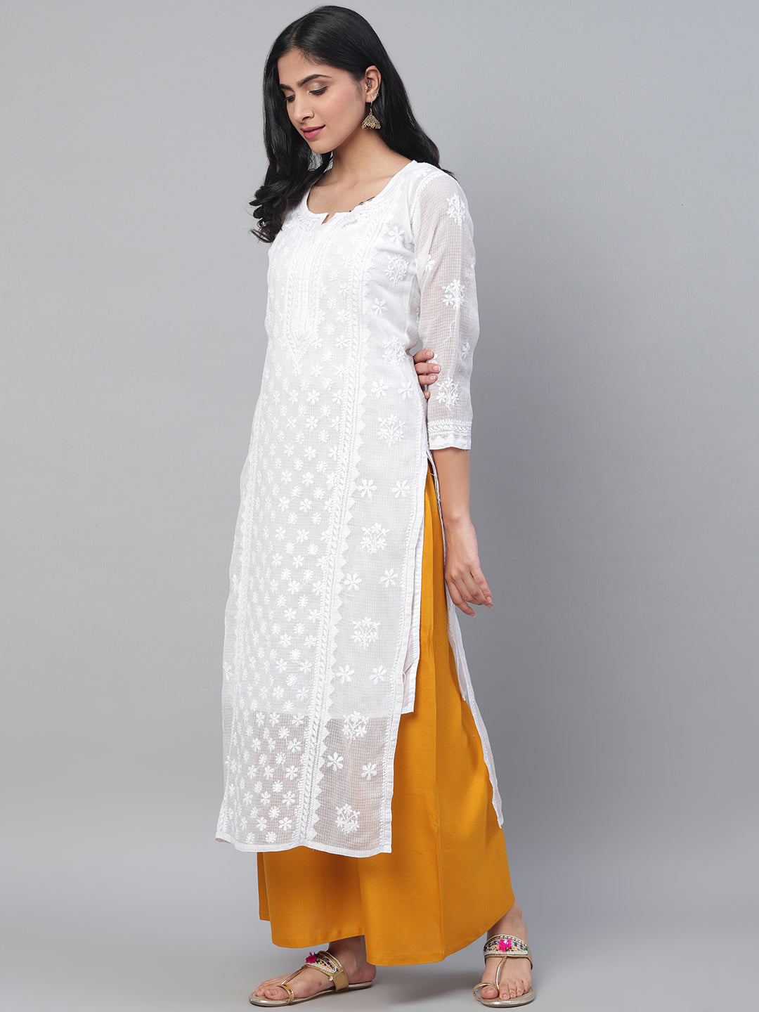 White-Kota-Cotton-Embroidered-Chikankari-Kurta-With-Slip
