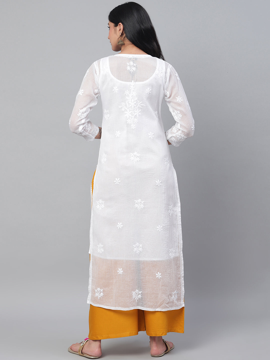 White-Kota-Cotton-Embroidered-Chikankari-Kurta-With-Slip