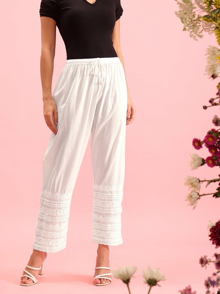 White Cotton 100% Original Chikankari Pleated Pant