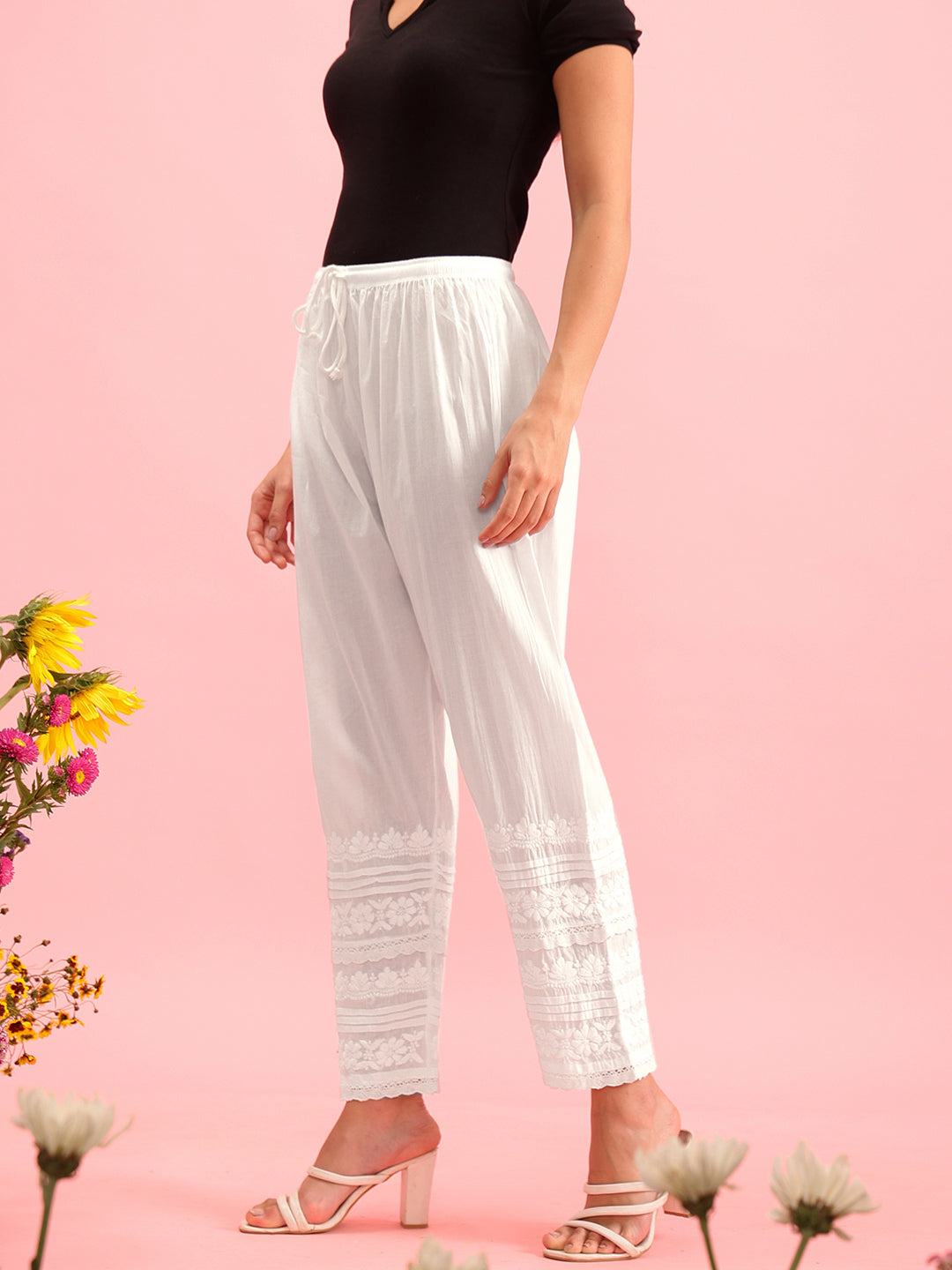 White Cotton 100% Original Chikankari Pleated Pant