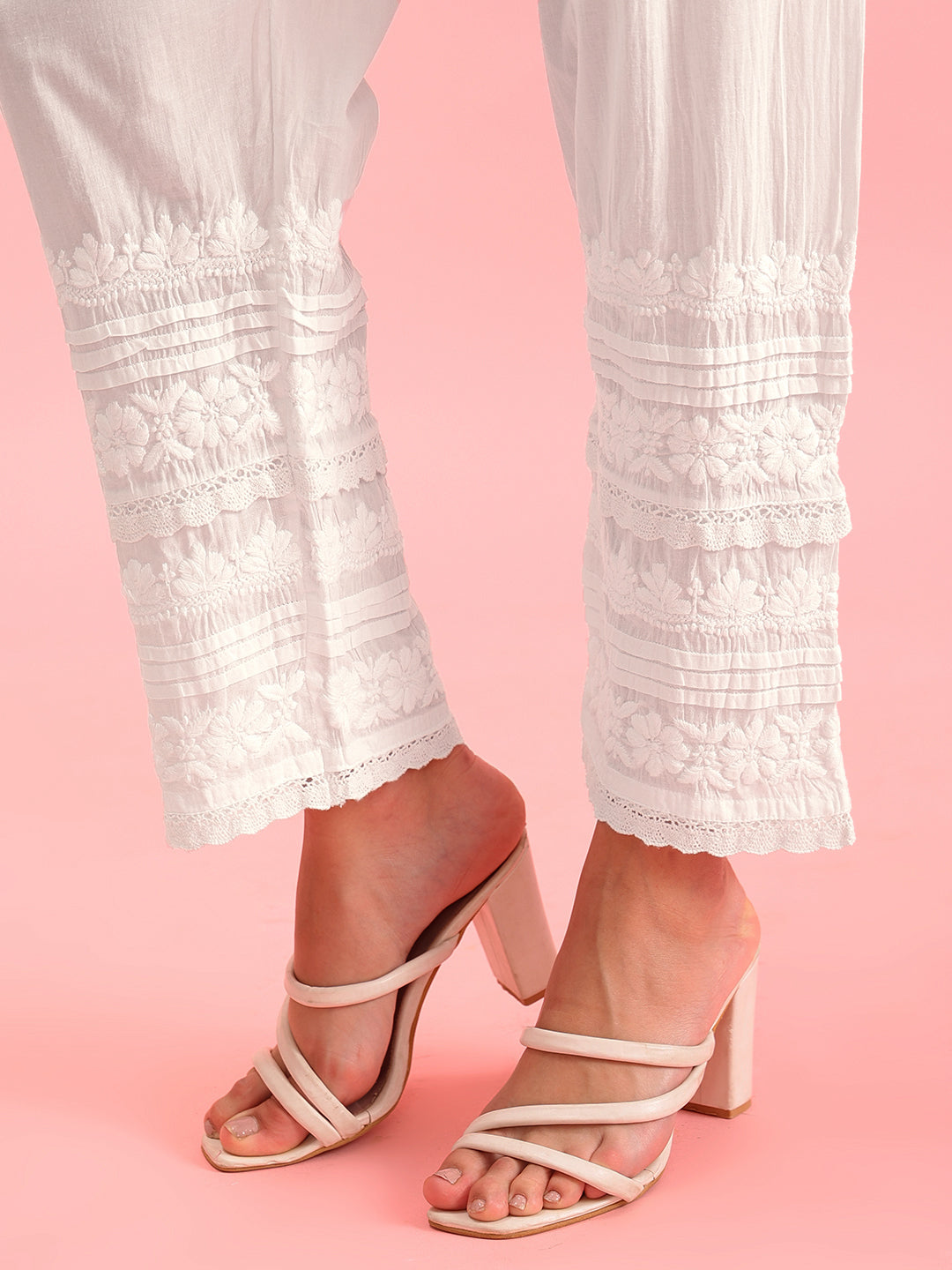 White Cotton 100% Original Chikankari Pleated Pant
