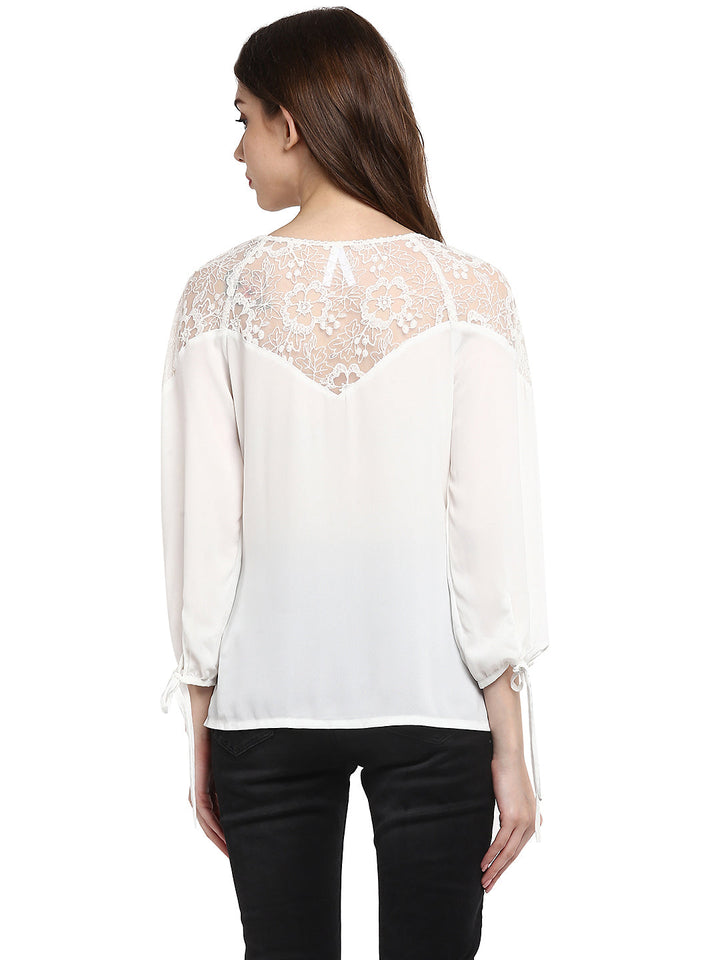 White-Poly-Gerogette-Lace-Neck-Top