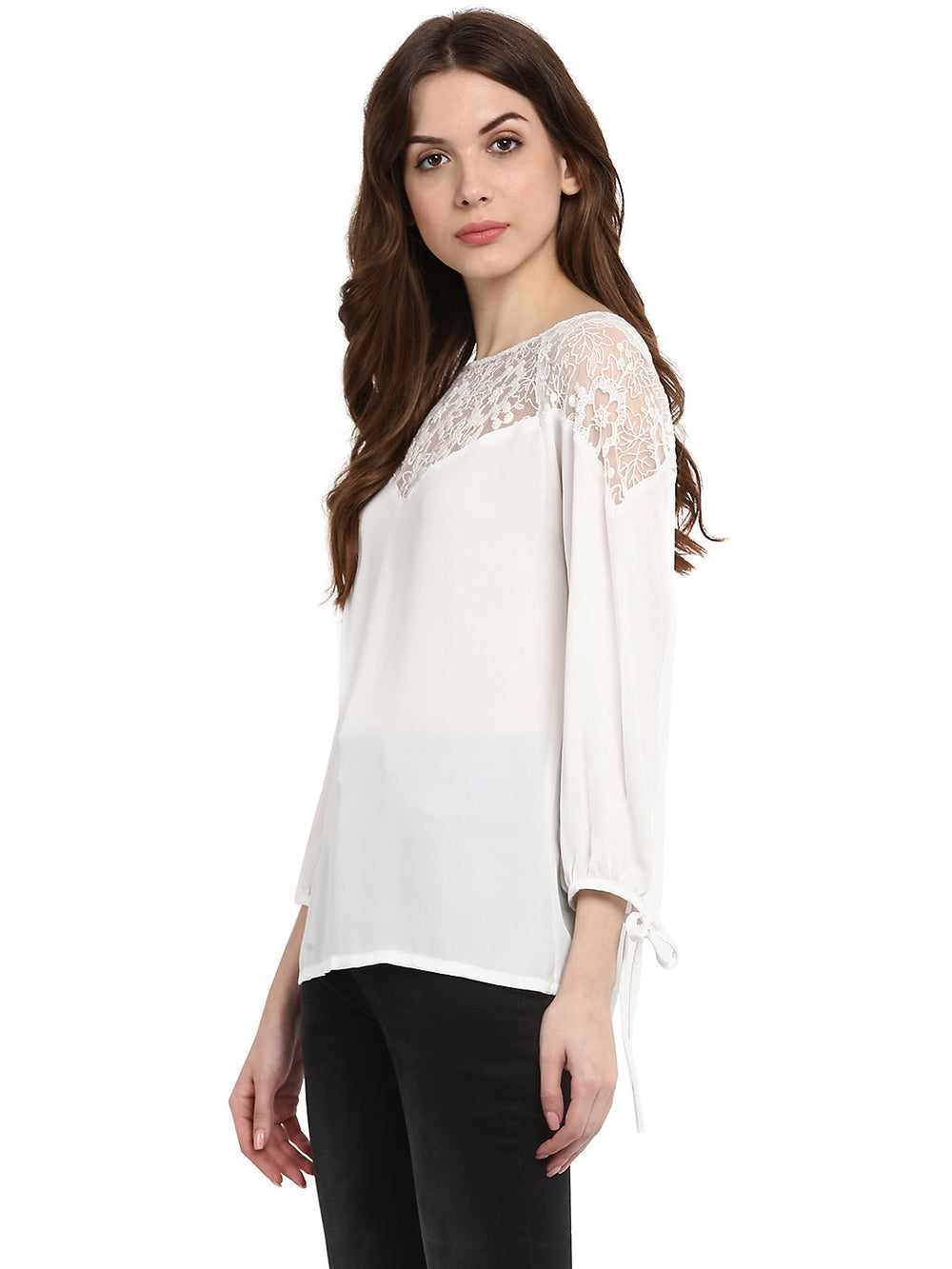 White-Poly-Gerogette-Lace-Neck-Top