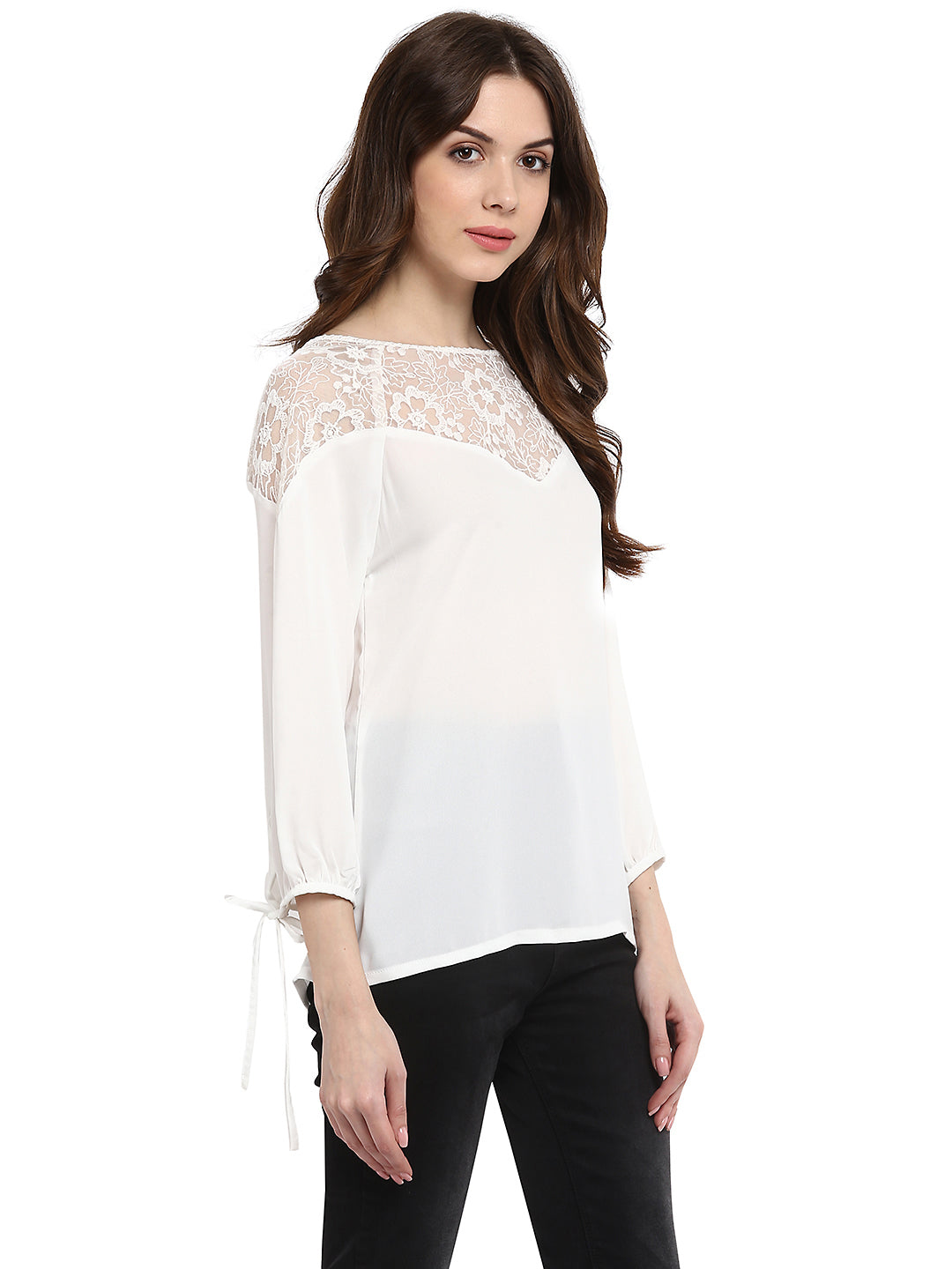White-Poly-Gerogette-Lace-Neck-Top