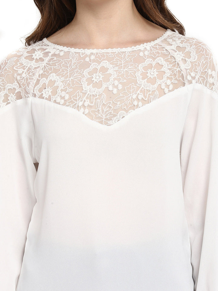 White-Poly-Gerogette-Lace-Neck-Top