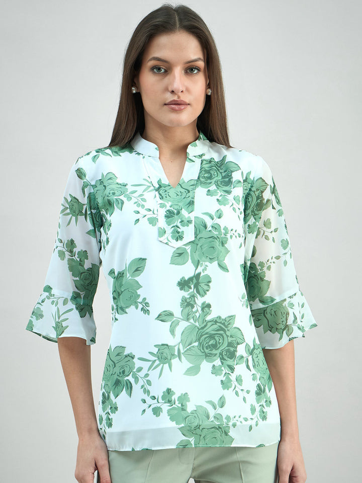 White-Polyester-Green-Floral-Printed-Flared-V-Neck-Top