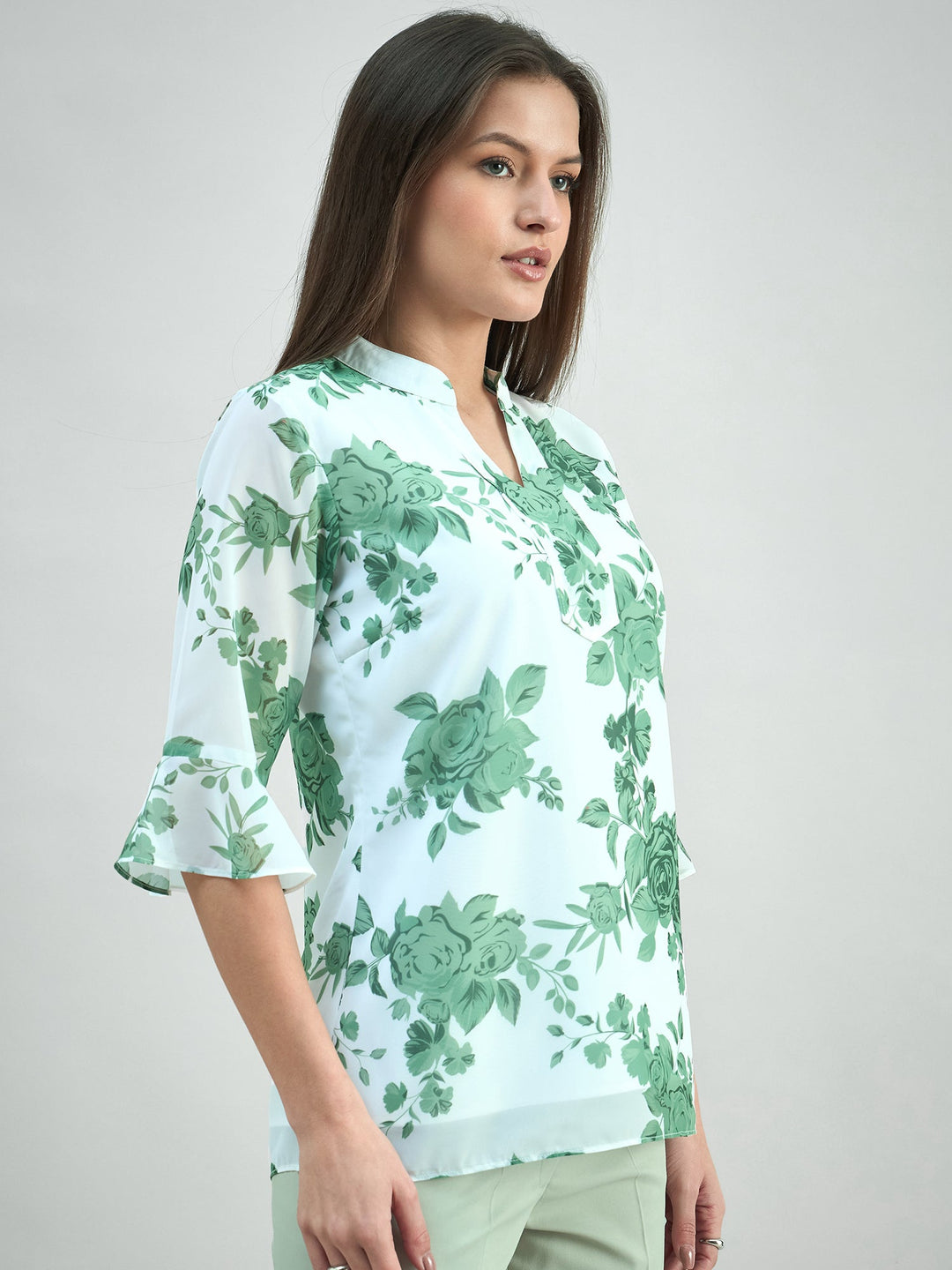 White-Polyester-Green-Floral-Printed-Flared-V-Neck-Top