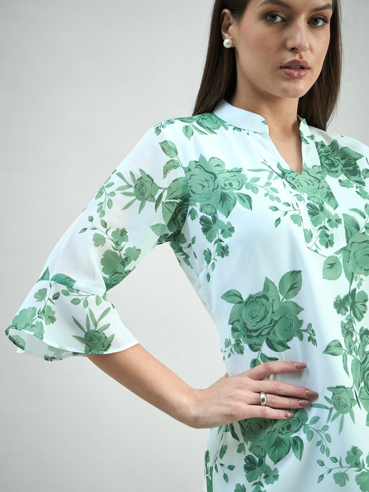 White-Polyester-Green-Floral-Printed-Flared-V-Neck-Top