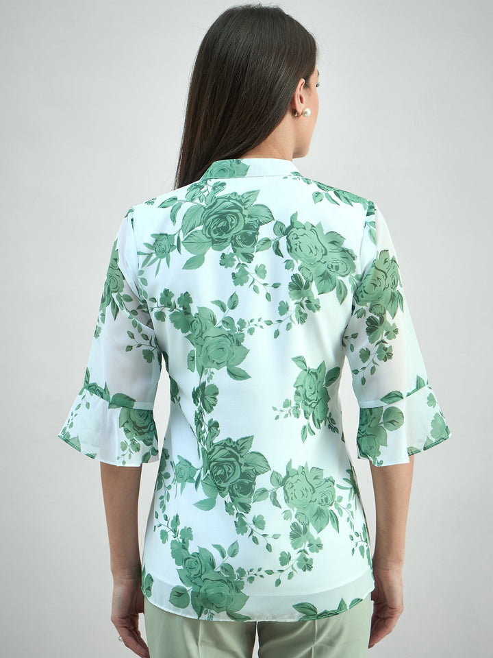 White-Polyester-Green-Floral-Printed-Flared-V-Neck-Top