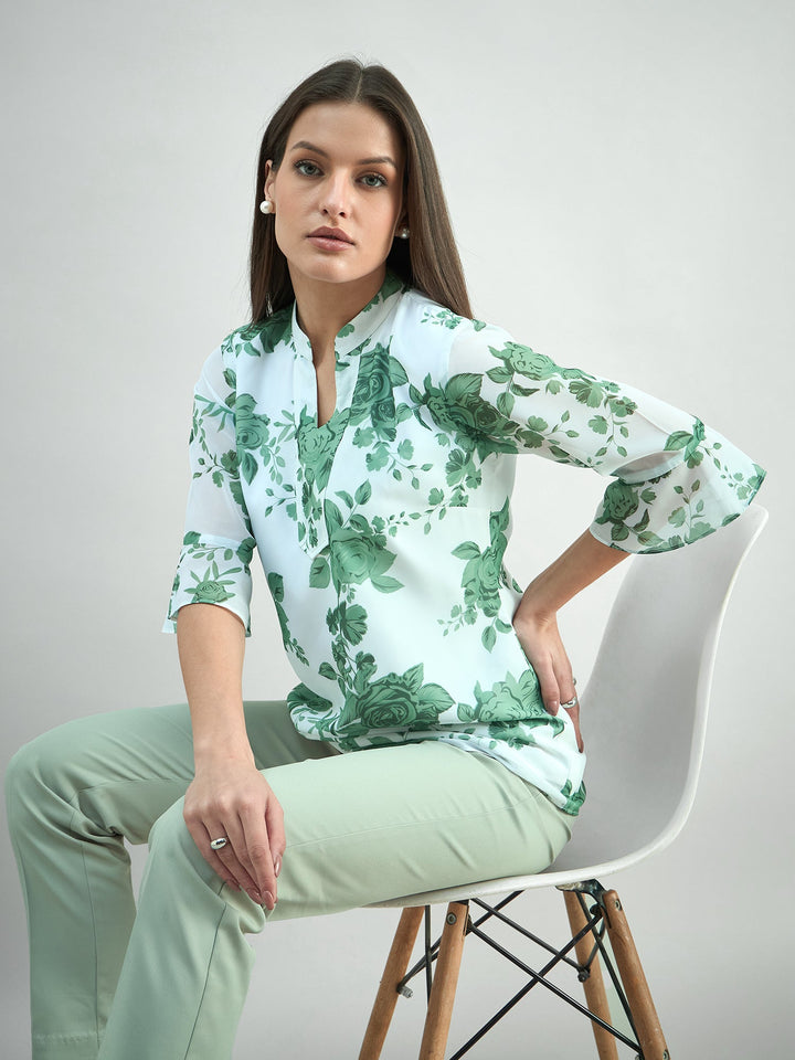 White-Polyester-Green-Floral-Printed-Flared-V-Neck-Top