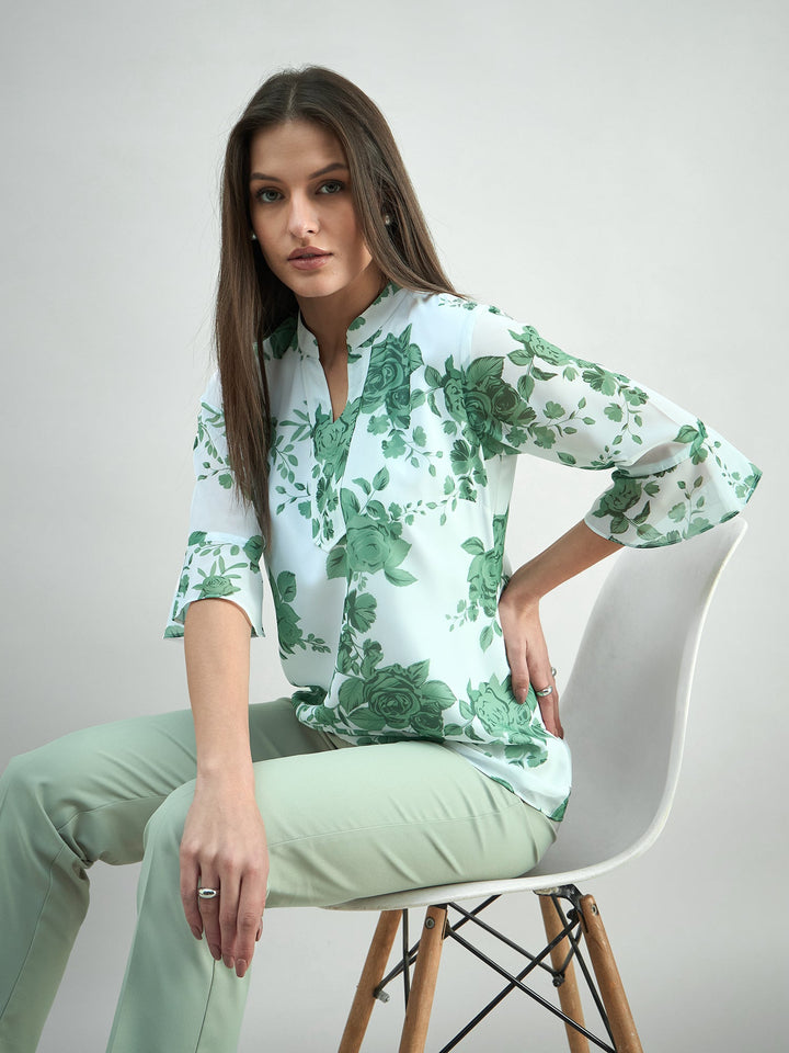 White-Polyester-Green-Floral-Printed-Flared-V-Neck-Top