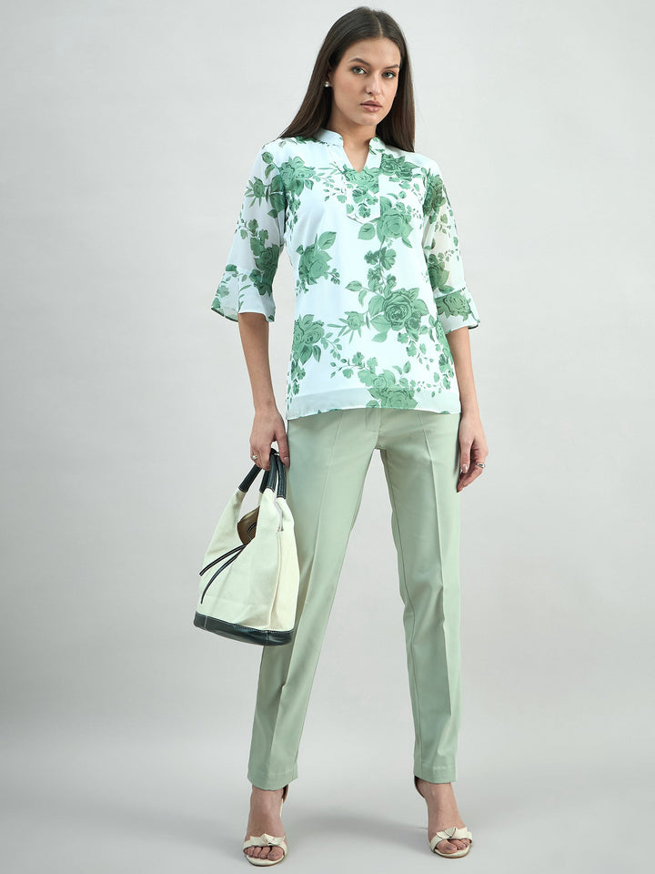 White-Polyester-Green-Floral-Printed-Flared-V-Neck-Top