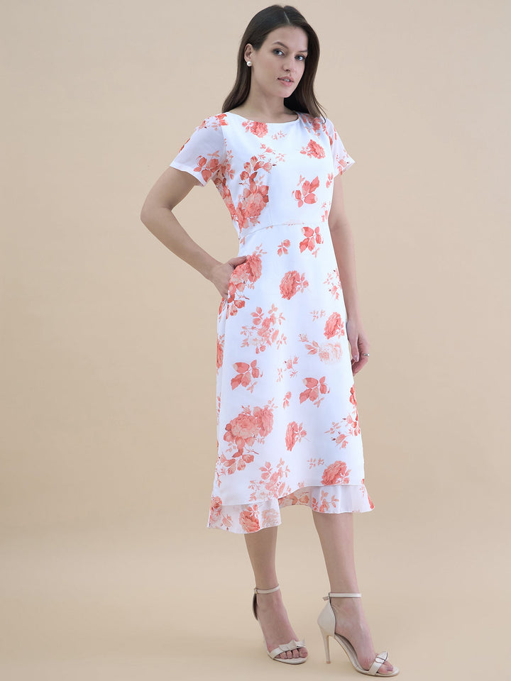 White-Polyester-Floral-Printed-Short-Sleeve-Midi-Dress