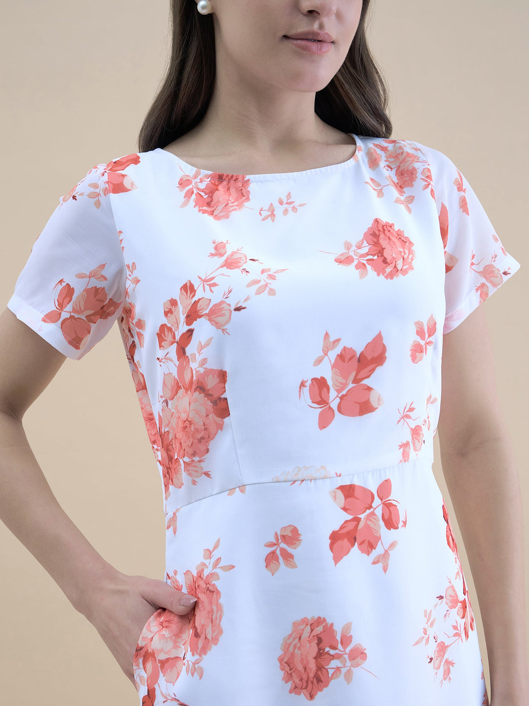 White-Polyester-Floral-Printed-Short-Sleeve-Midi-Dress