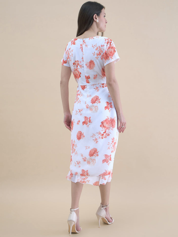 White-Polyester-Floral-Printed-Short-Sleeve-Midi-Dress
