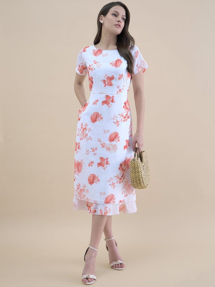White-Polyester-Floral-Printed-Short-Sleeve-Midi-Dress
