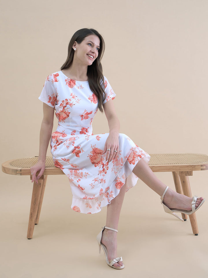 White-Polyester-Floral-Printed-Short-Sleeve-Midi-Dress