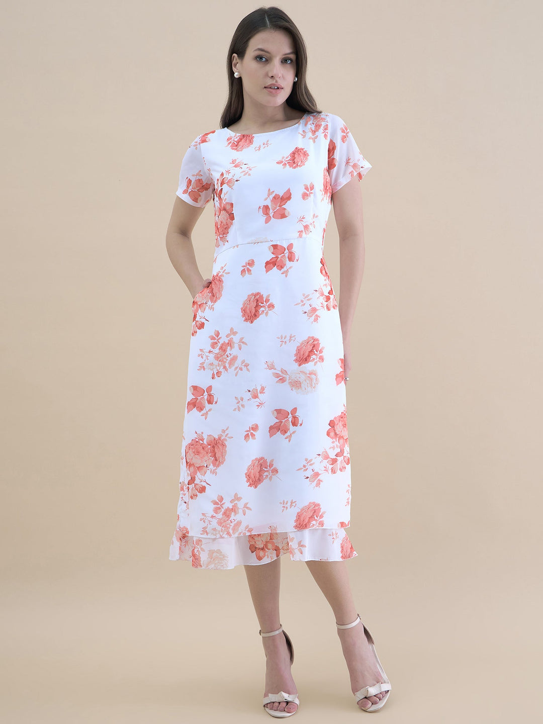 White-Polyester-Floral-Printed-Short-Sleeve-Midi-Dress