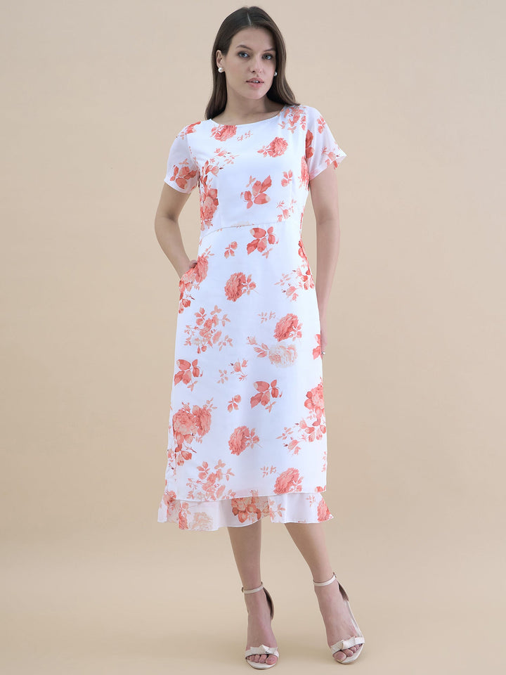 White-Polyester-Floral-Printed-Short-Sleeve-Midi-Dress