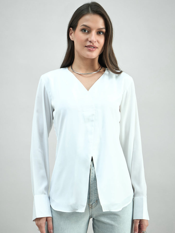 White-Polyester-Front-Slit-V-Neck-Long-Sleeve-Top-