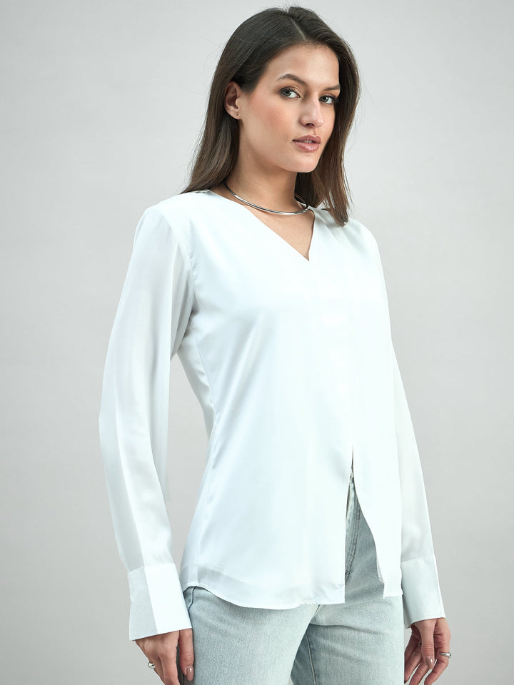 White-Polyester-Front-Slit-V-Neck-Long-Sleeve-Top-