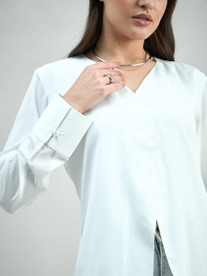 White-Polyester-Front-Slit-V-Neck-Long-Sleeve-Top-
