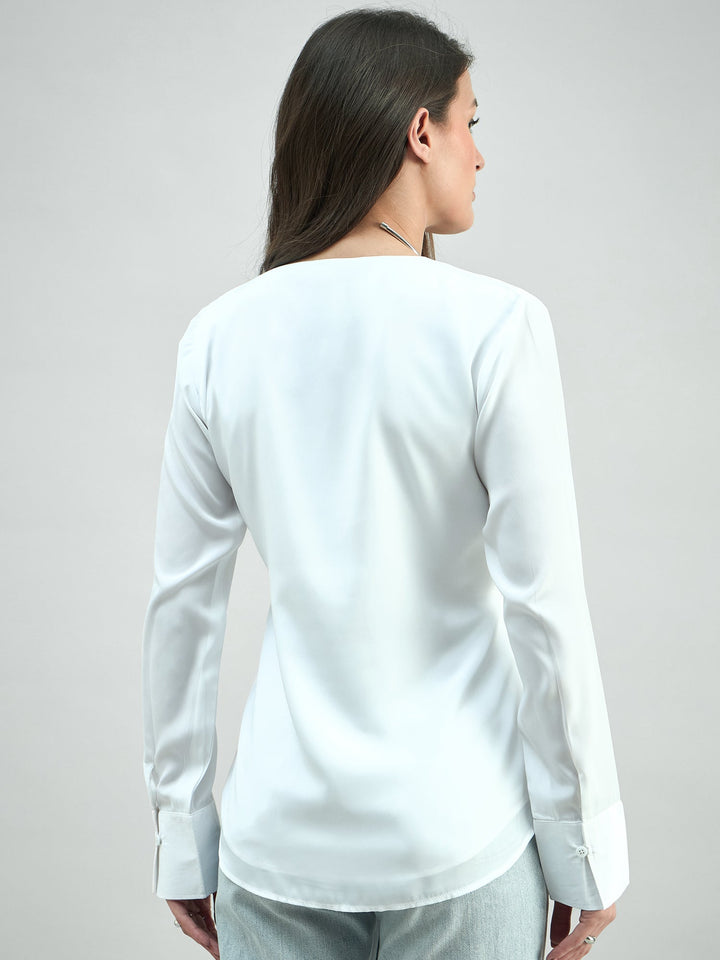 White-Polyester-Front-Slit-V-Neck-Long-Sleeve-Top-