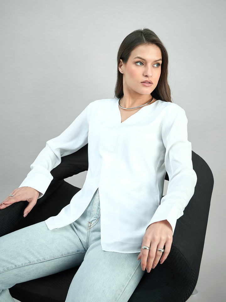 White-Polyester-Front-Slit-V-Neck-Long-Sleeve-Top-