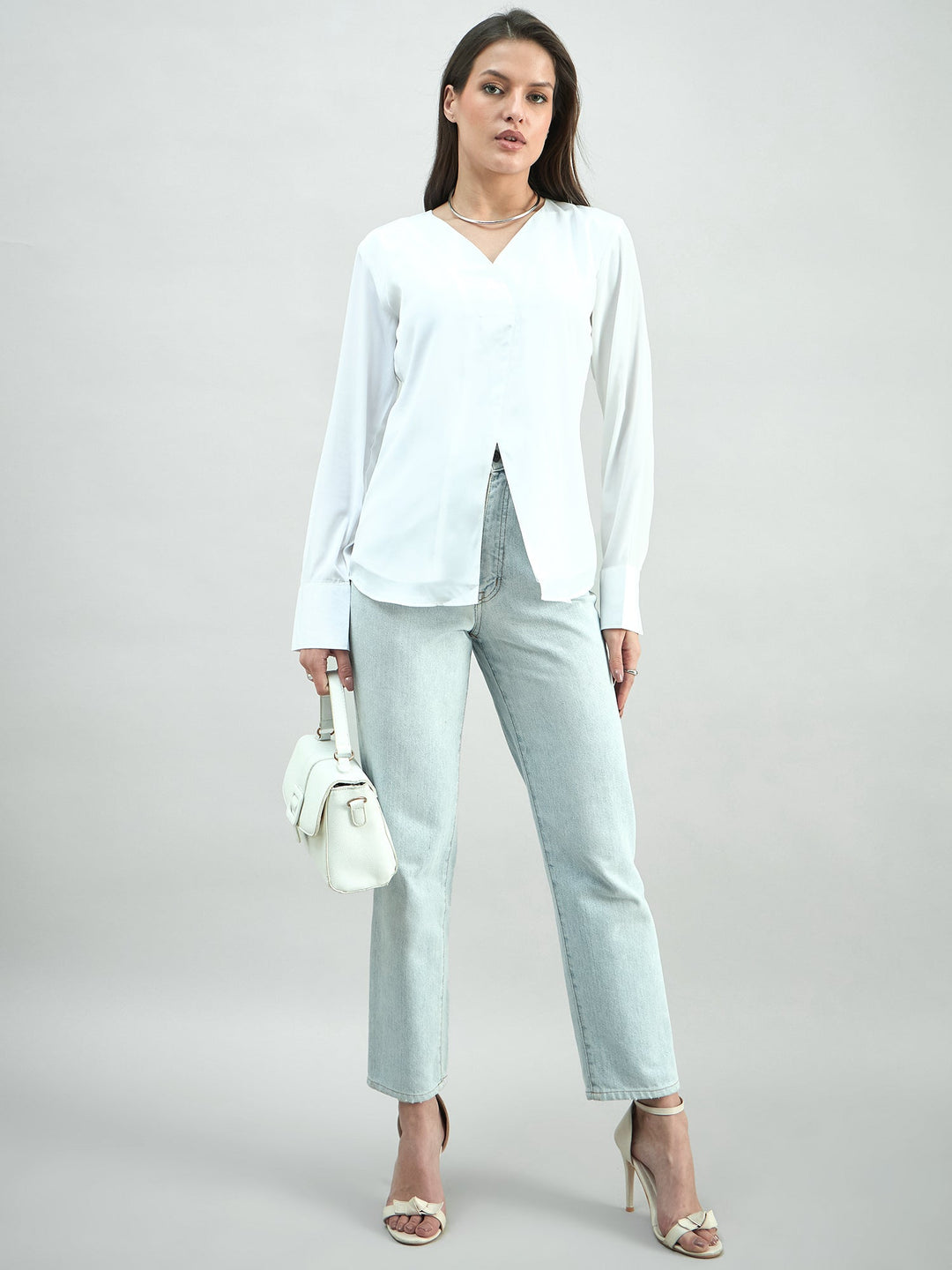 White-Polyester-Front-Slit-V-Neck-Long-Sleeve-Top-