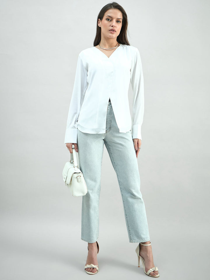 White-Polyester-Front-Slit-V-Neck-Long-Sleeve-Top-