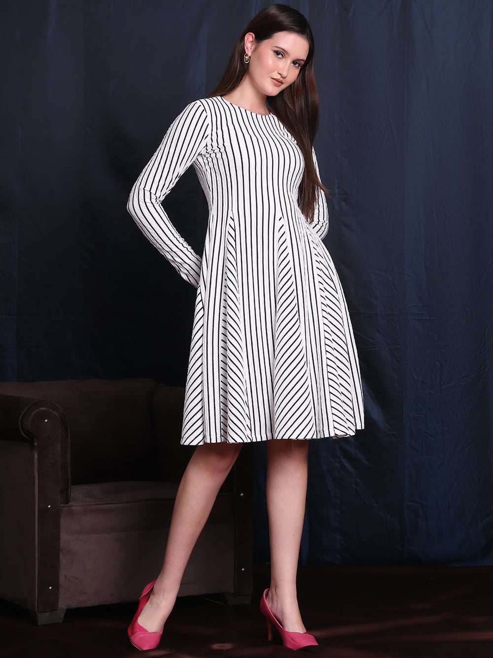 White-Spandex-A-Line-Unique-Paneled-Skirt-Detailing-Dress-